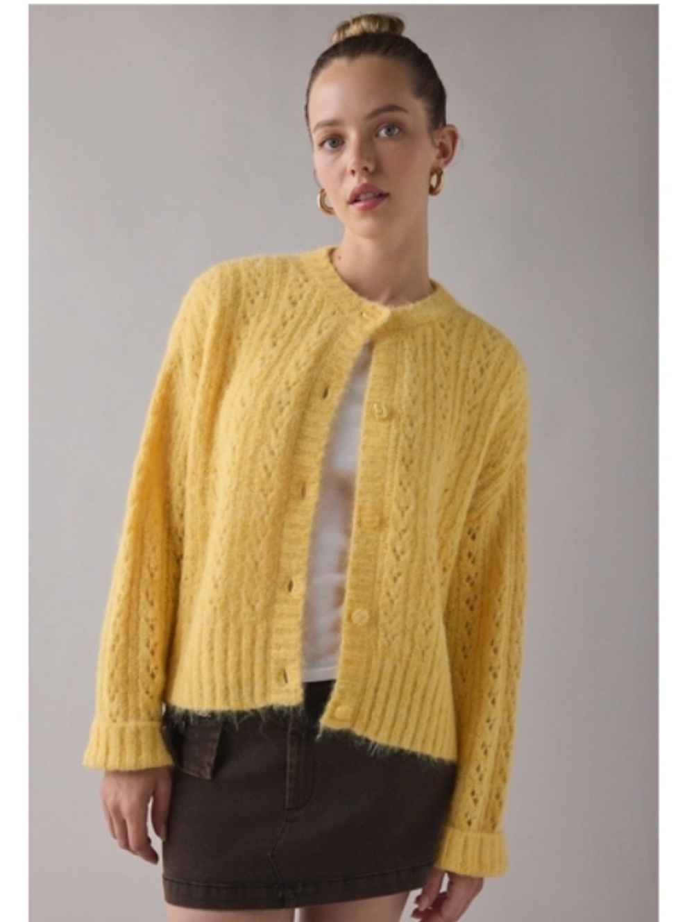 Brand New BDG Becca Pointelle Knit Yellow Oversized Cardigan Sweater ■ Size L